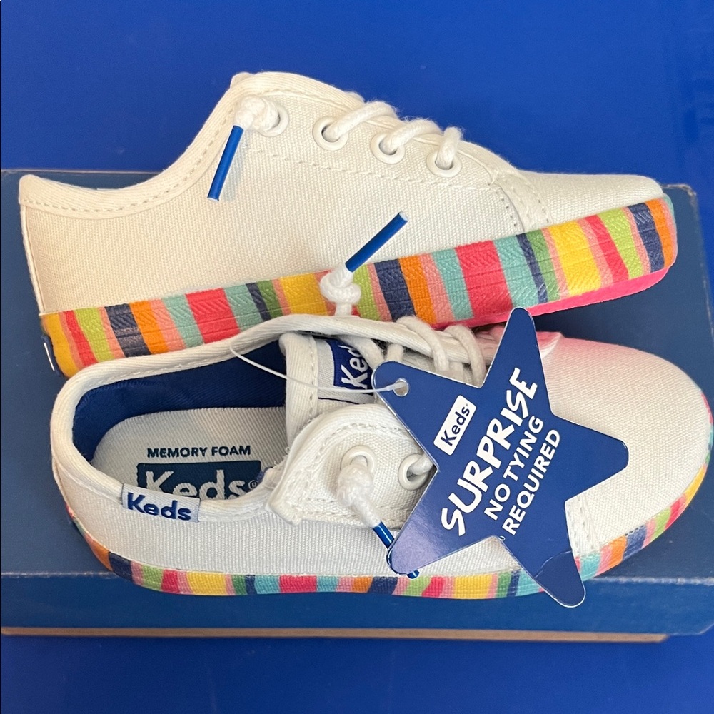 Keds Kids White Canvas Sneakers with Rainbow Accent - Picture 2 of 4